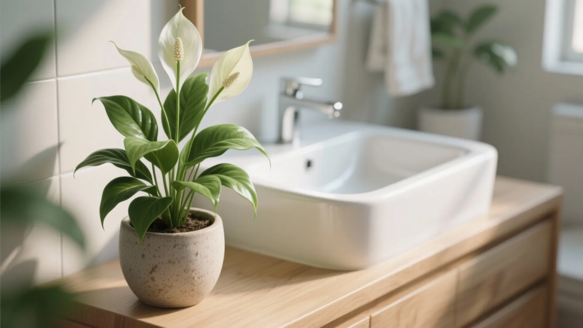Bright bathroom with white lily plant in pot on wooden cabinet next to white sink
