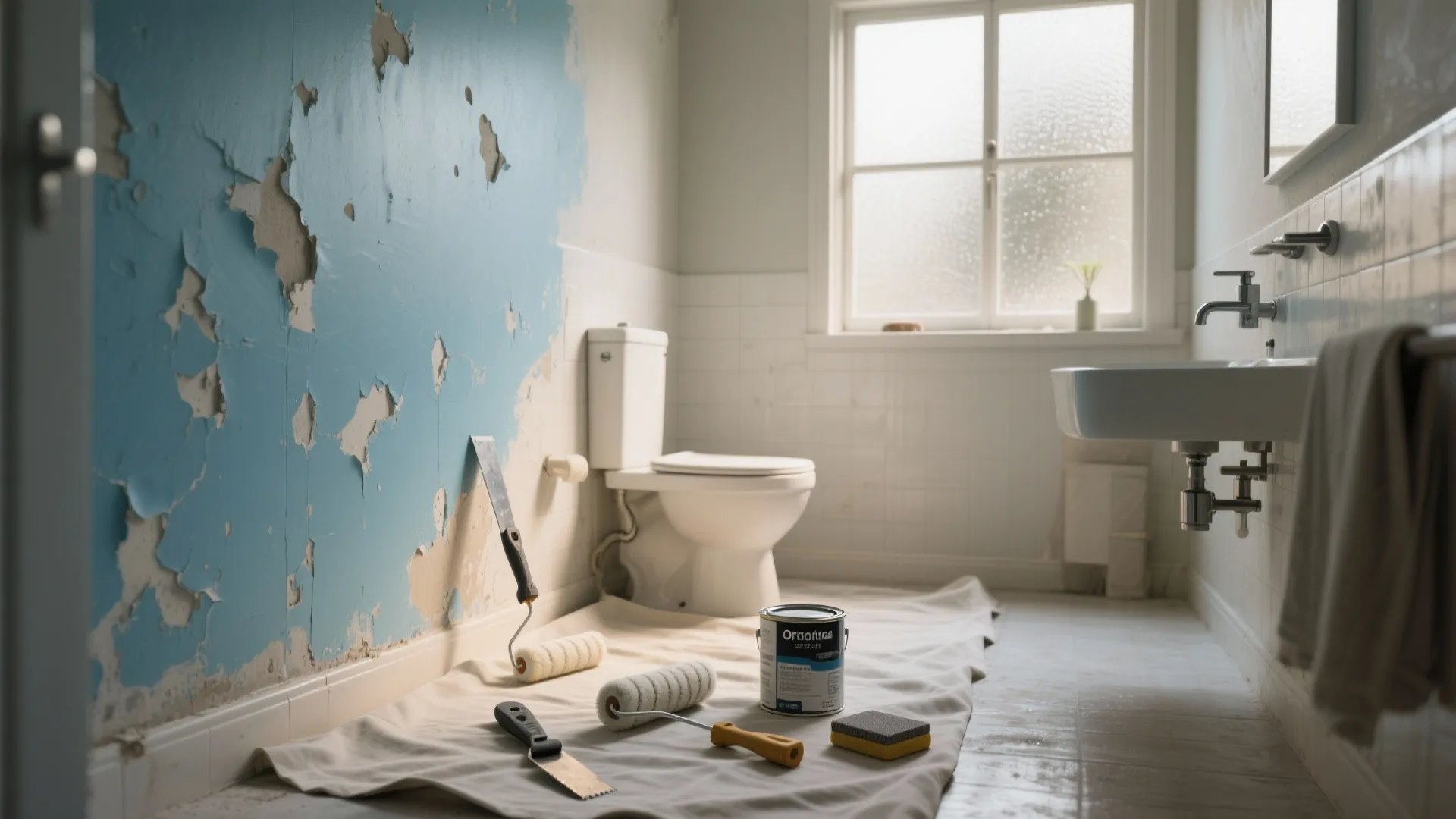 Bathroom renovation scene showing peeling blue wall with paint rollers and can on floor mat