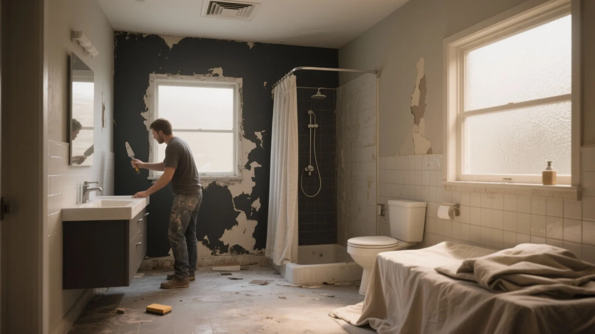 A man scraping old peeling paint from a bathroom wall during a home renovation project