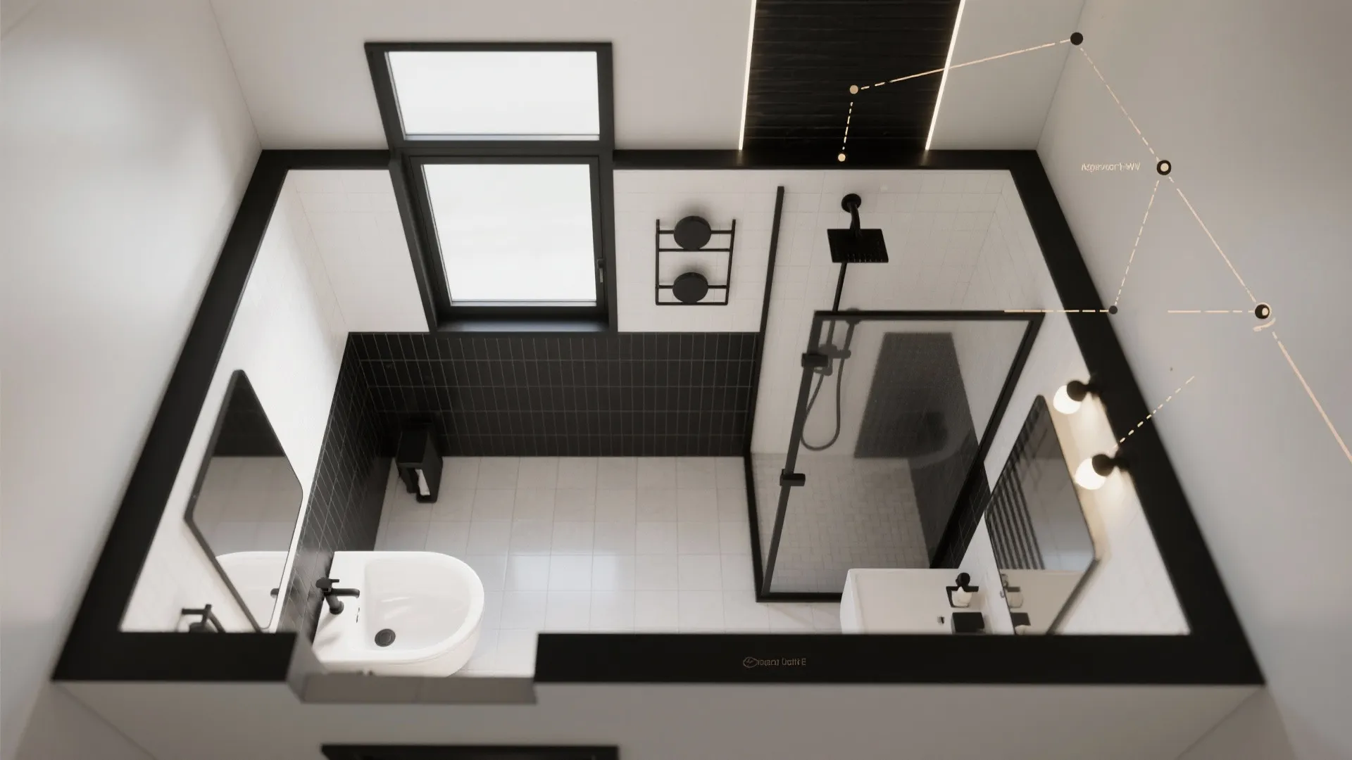 Top view interior design drawing of a modern bathroom with shower sink and black tiles