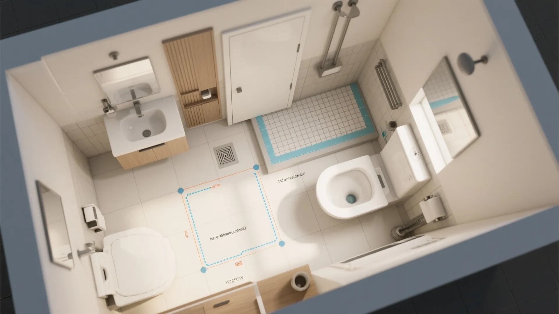 Top view of small bathroom room layout showing toilet sink shower area and white tiles