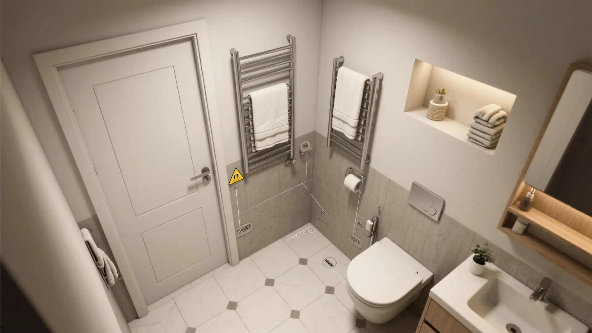 Top-down floor-plan rendering of a small bathroom showing recommended towel rack locations.
