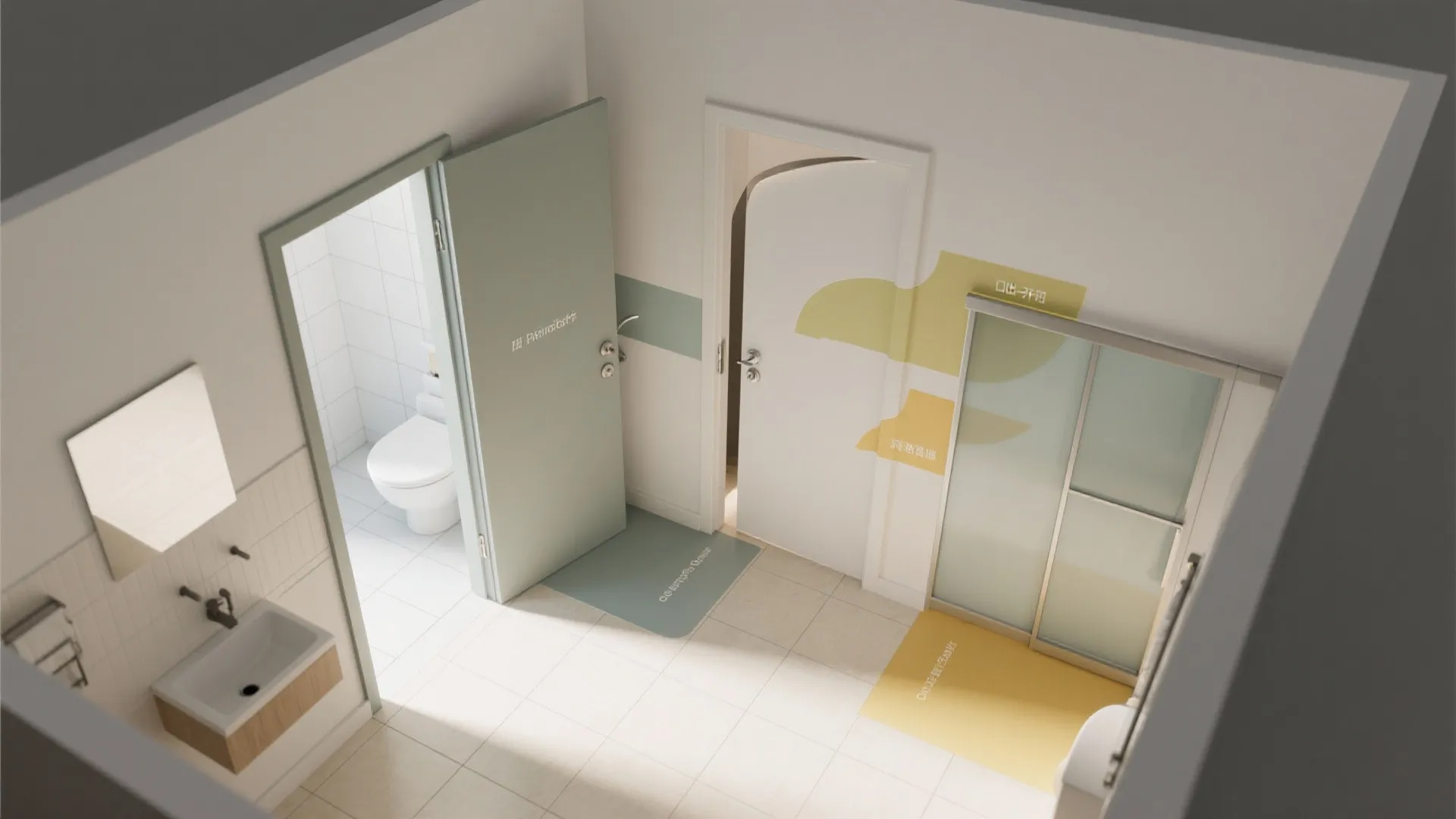 Interior design drawing showing top view of bathroom layout with sink, toilet, and glass shower