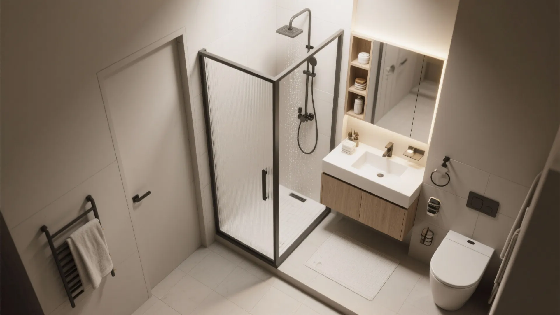 Modern bathroom layout view with glass shower box white toilet vanity sink and wall mirror