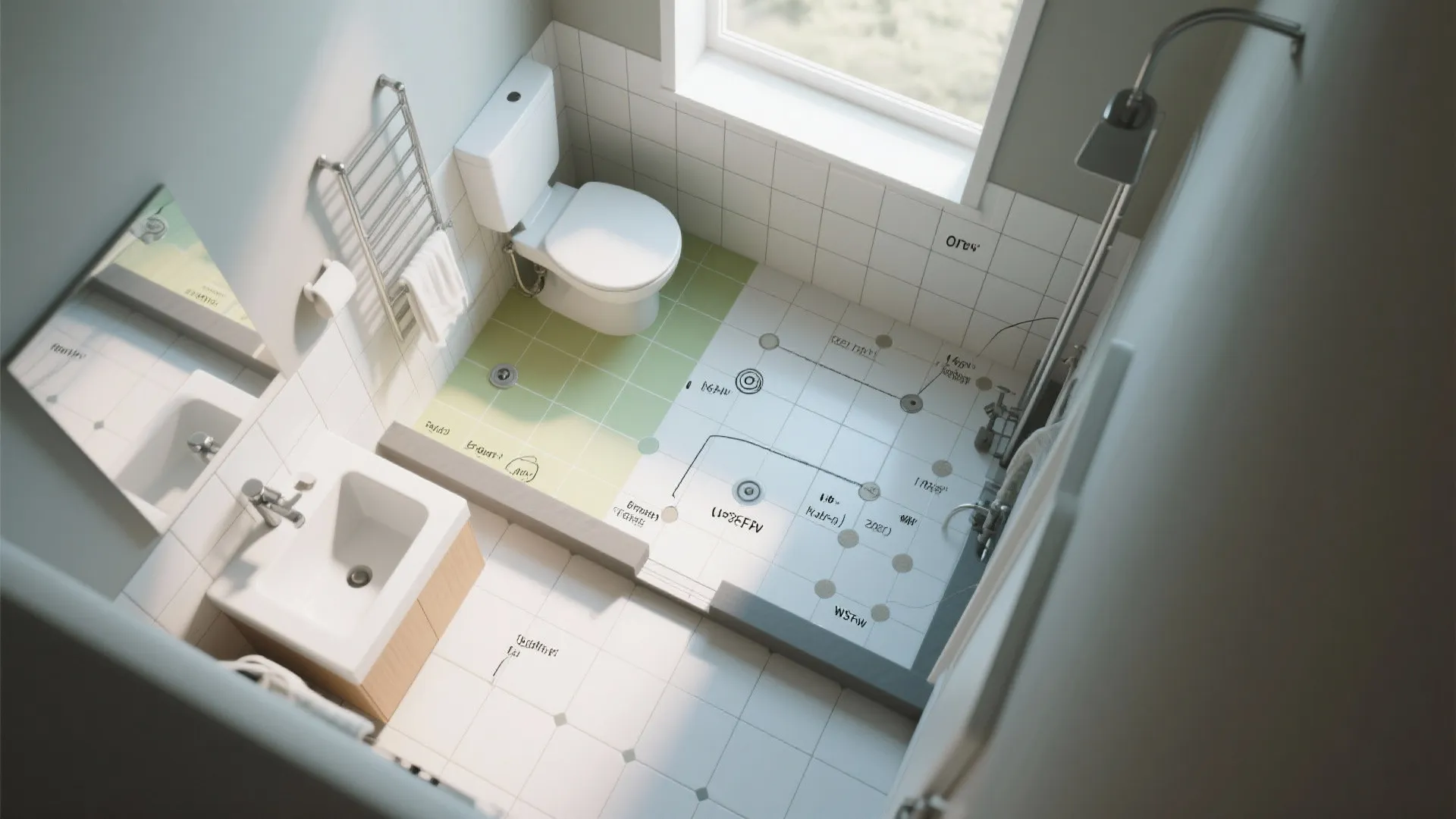 Top view interior design drawing of a bathroom layout with toilet sink shower and window