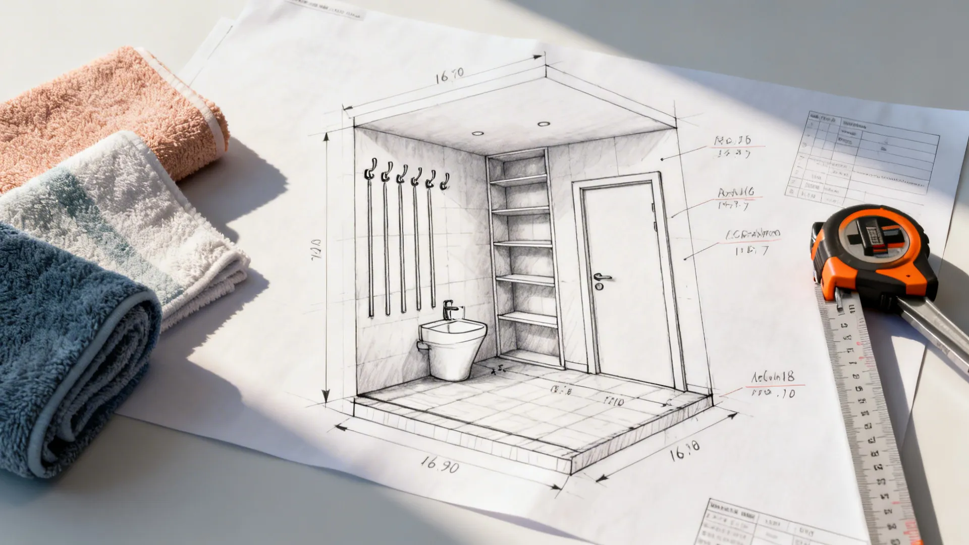 Top-down planner layout showing towel storage options, clearances and sketches for a small bathroom.