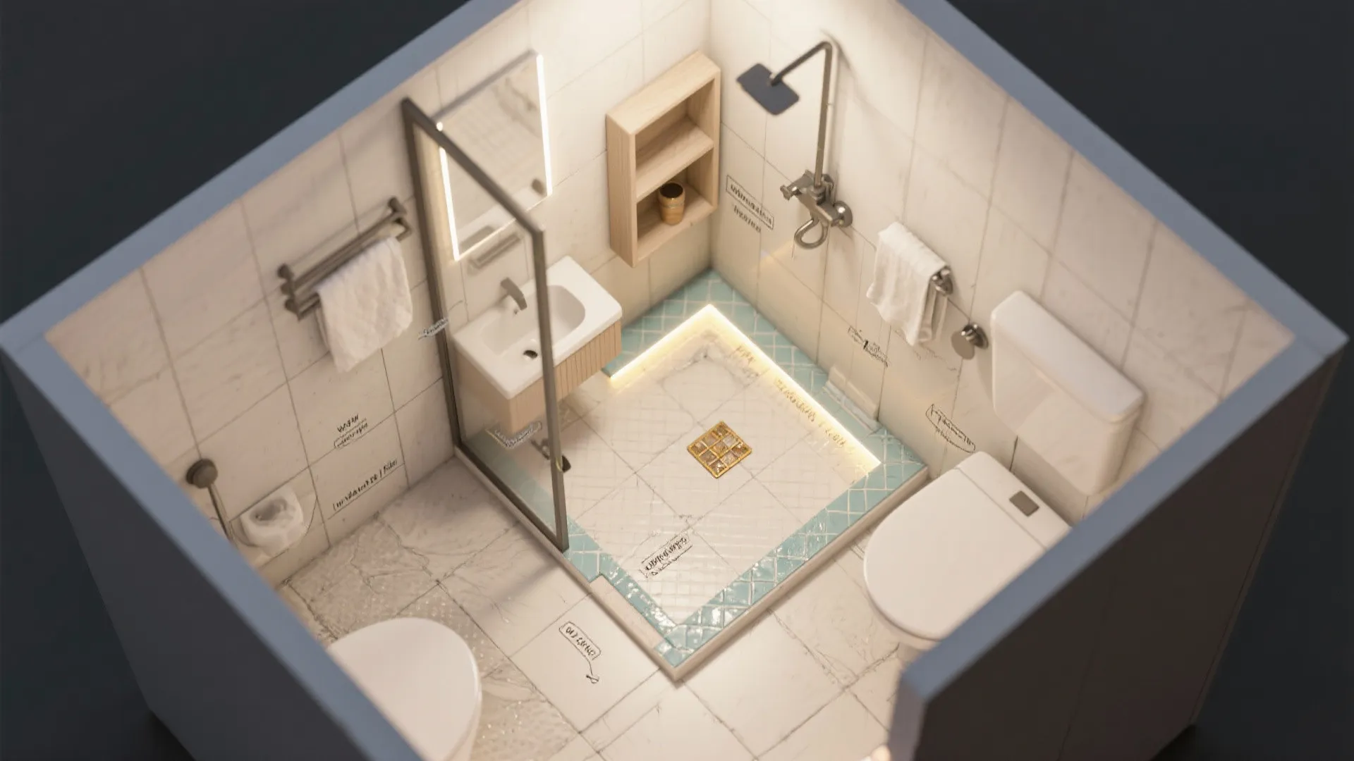 Top-down layout render of a tiny bathroom prioritizing waterproofing, lighting, and storage.