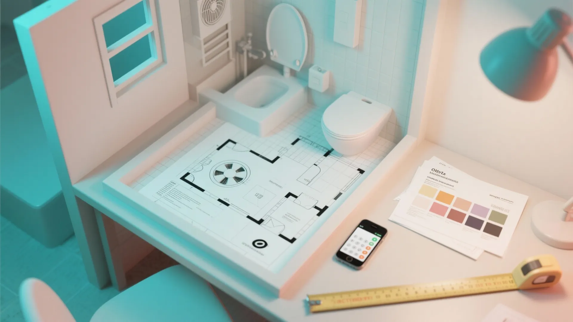 Miniature bathroom model on a desk with floor plan measuring tape phone and color samples