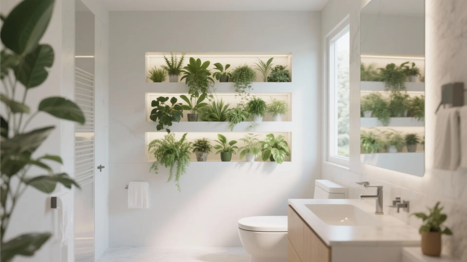 Modern white bathroom featuring built in wall shelves filled with green plants and soft warm lighting