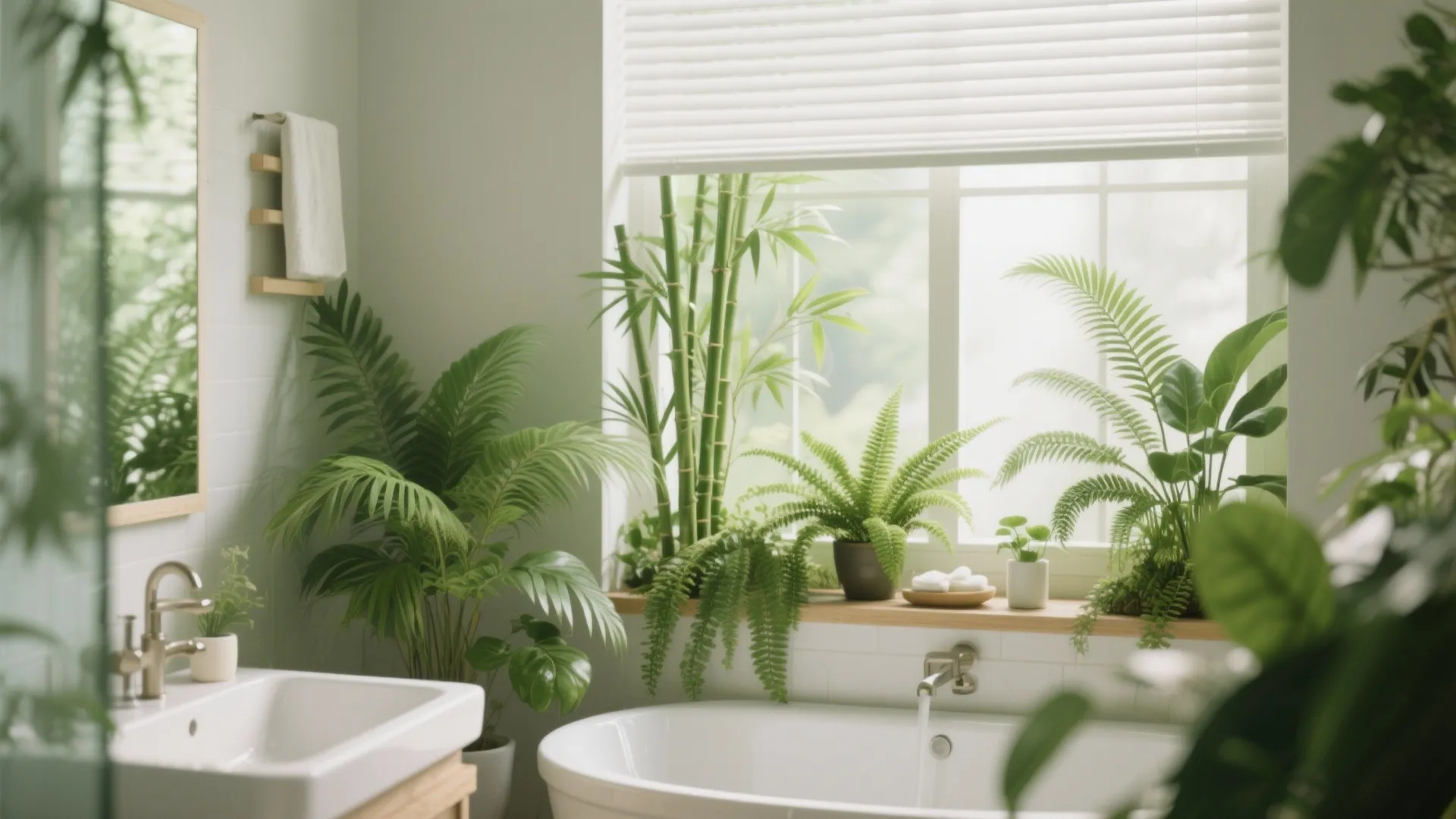 Bright bathroom featuring green plants on a wooden windowsill above a white bathtub and sink