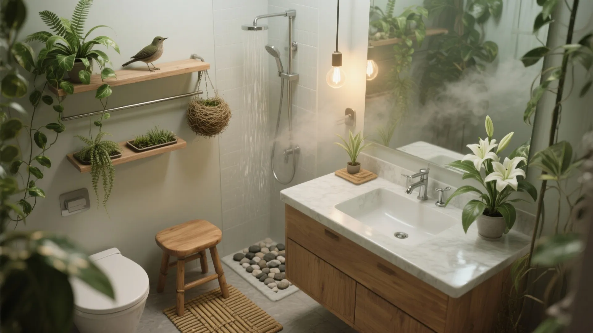 Modern bathroom with green plants on wooden shelves near a white sink and shower area