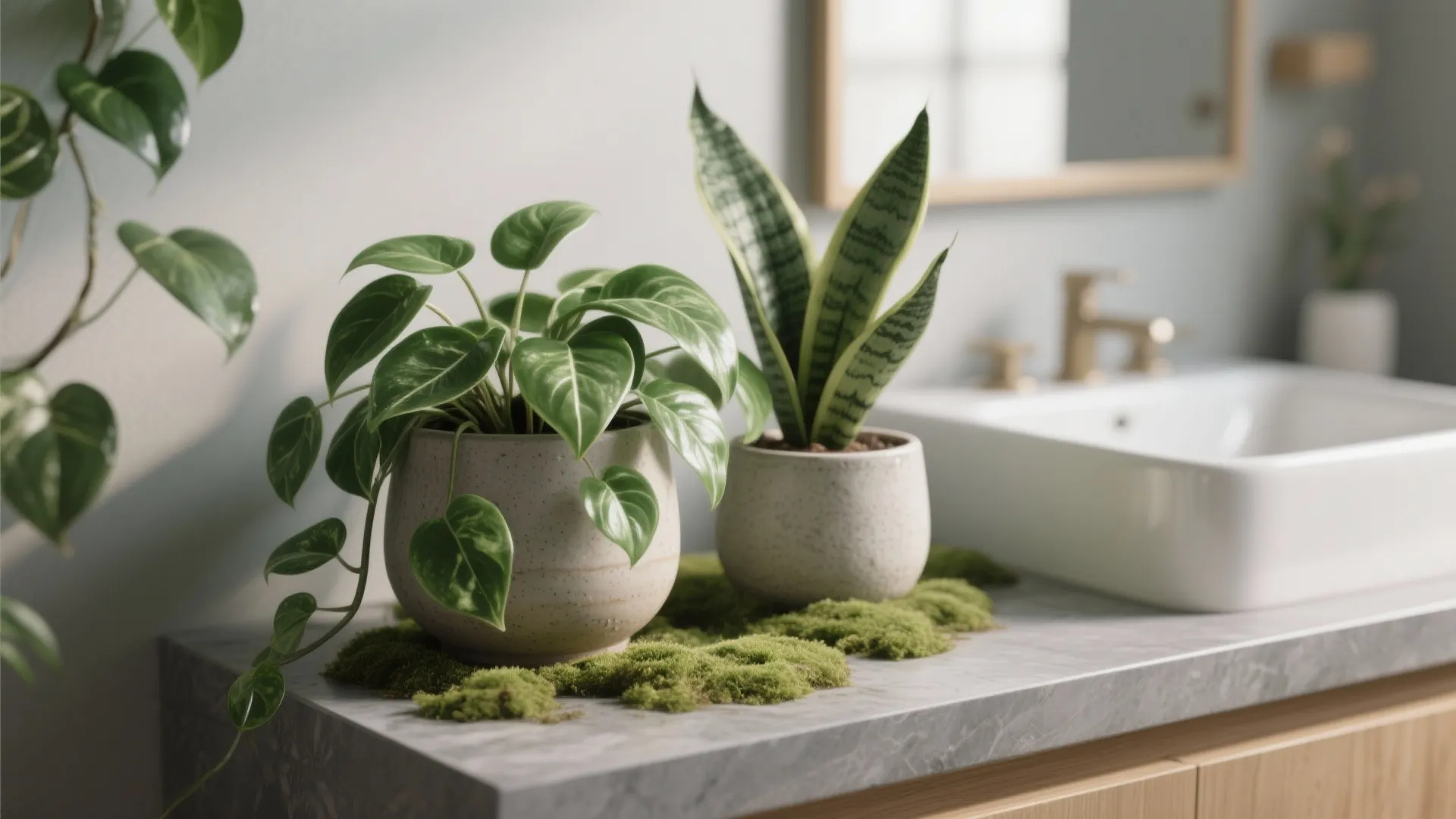 Pothos and snake plant on a grey vanity bringing greenery into a small bathroom