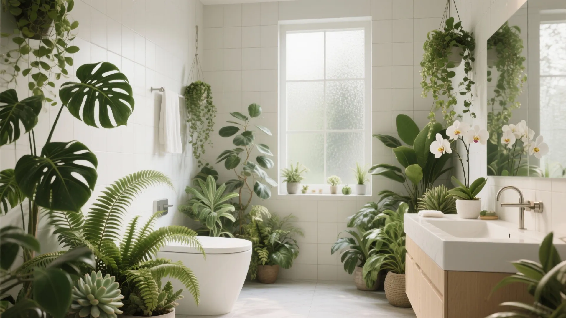 Bright white bathroom filled with green indoor plants, wooden vanity, white toilet, and natural window light