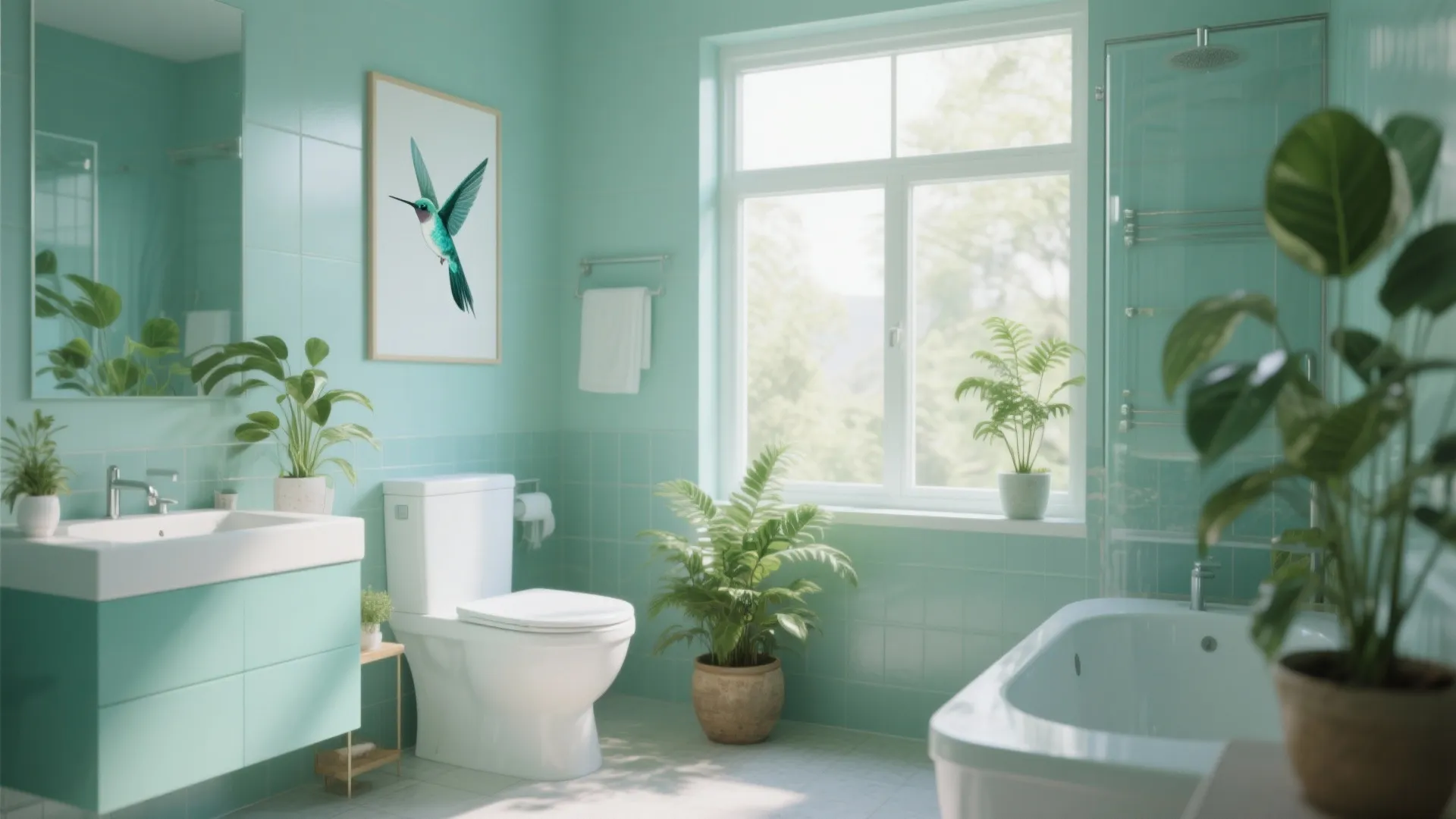Mint green bathroom featuring a white toilet, sink, bathtub, potted plants, and hummingbird wall art