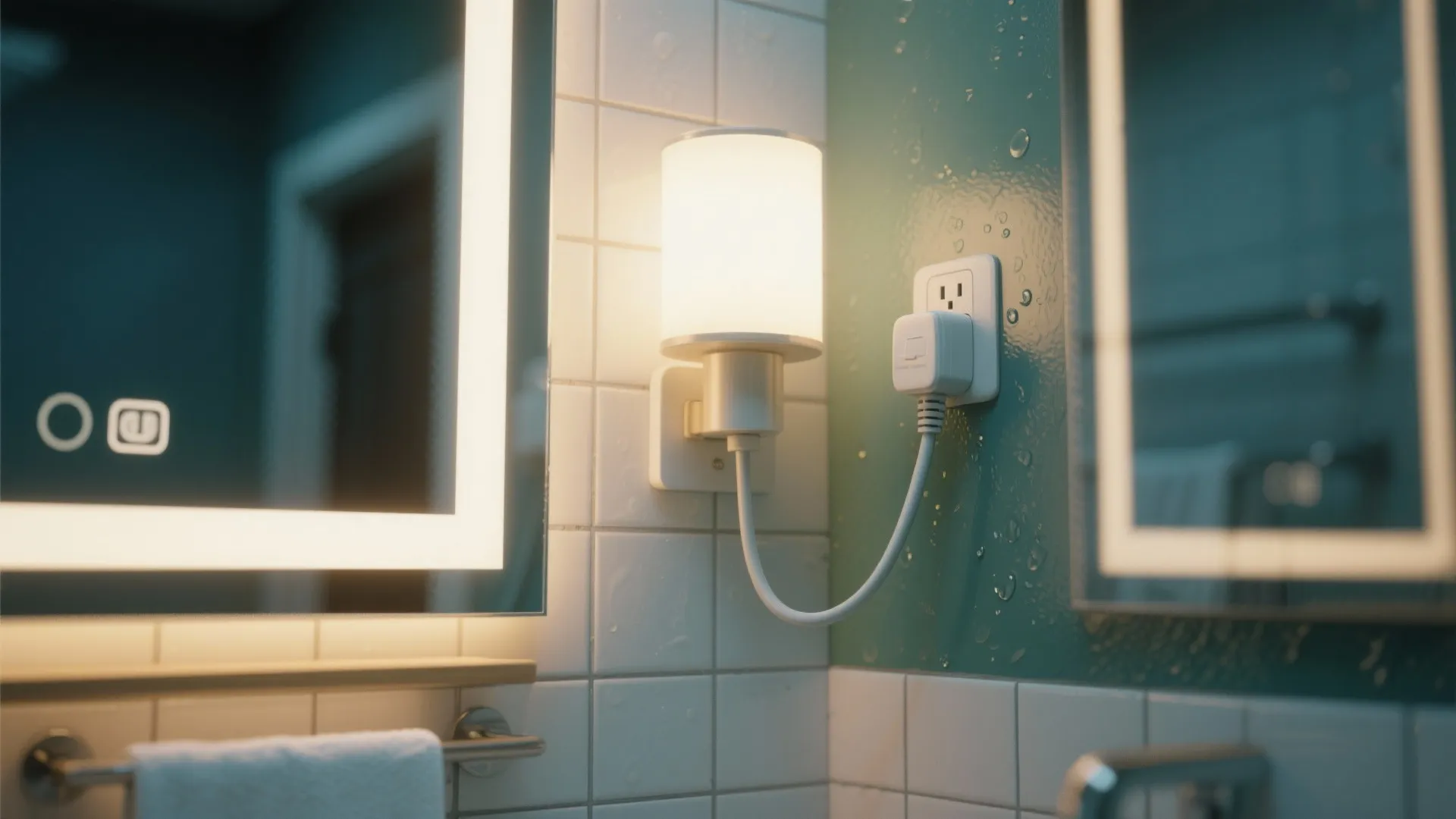 Bathroom mirror with a moisture-rated plug-in sconce and cord hidden in a painted channel