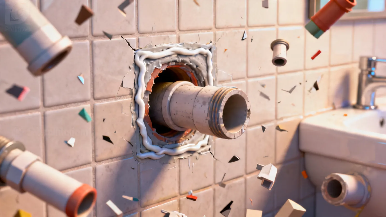 close view of sealed bathroom pipe penetration preventing pest entry