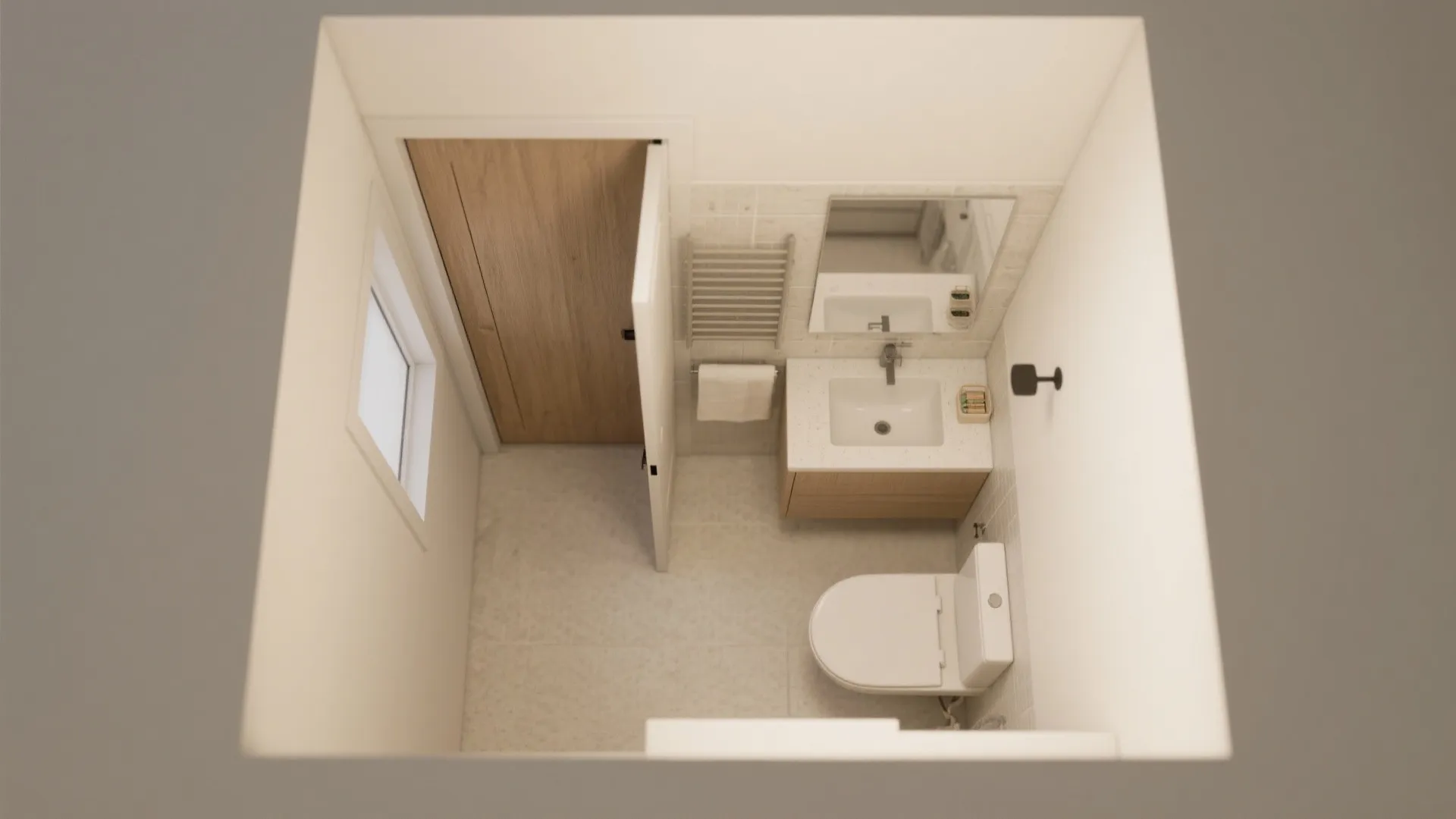 Top-down view of a pocket door in a small bathroom layout