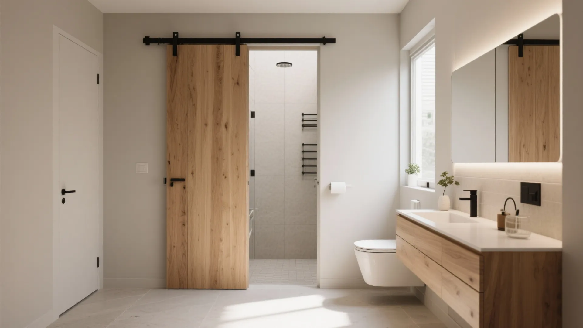 Modern bathroom with wooden sliding door wall hung toilet and floating sink cabinet with large mirror