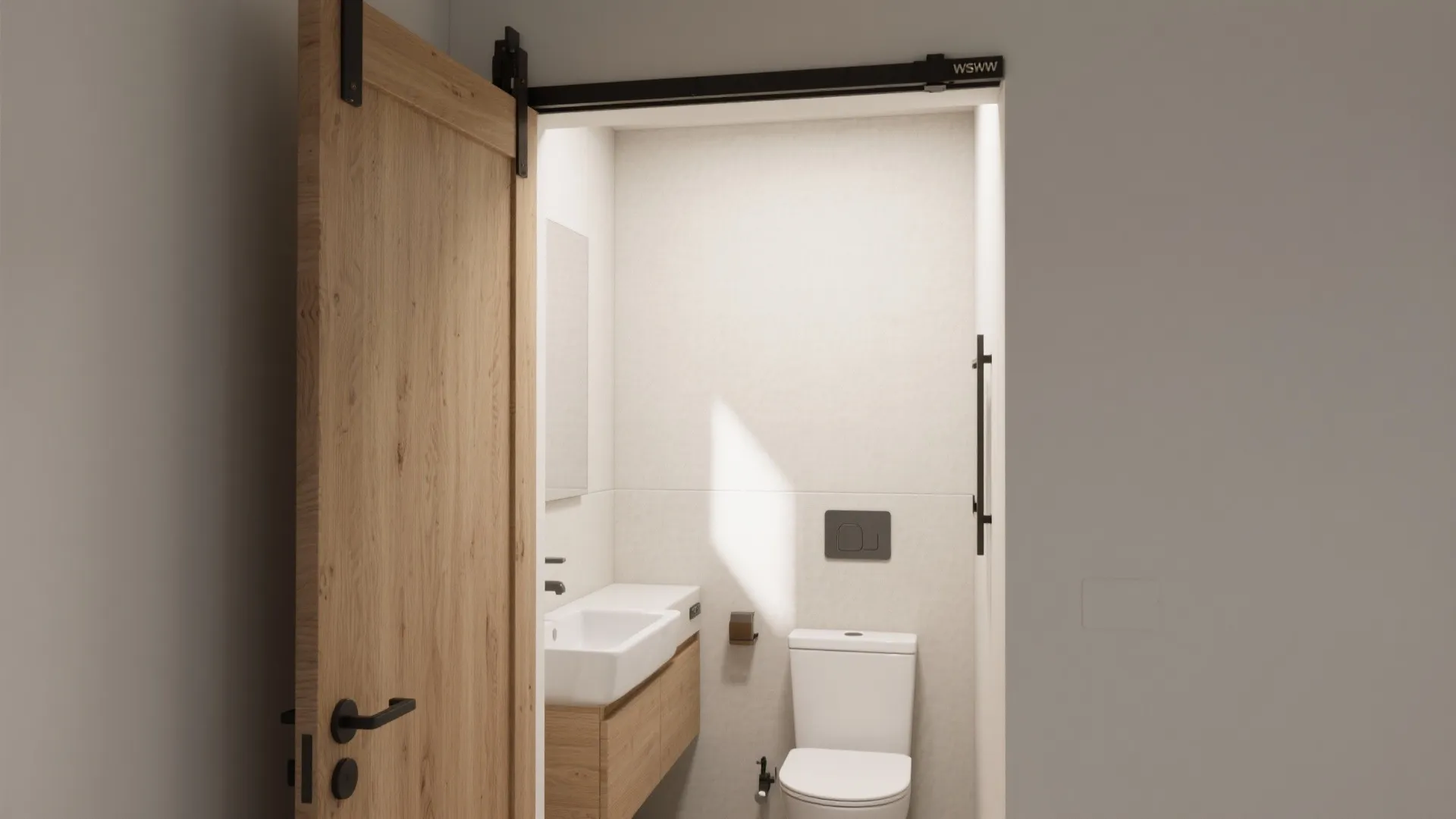 Small modern bathroom with wooden sliding door showing white toilet sink and wooden storage cabinet
