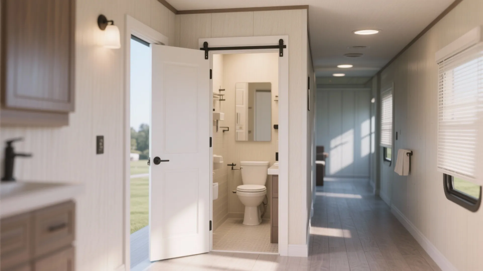 Modern small bathroom with white toilet vanity mirror and sliding door seen from a bright hallway