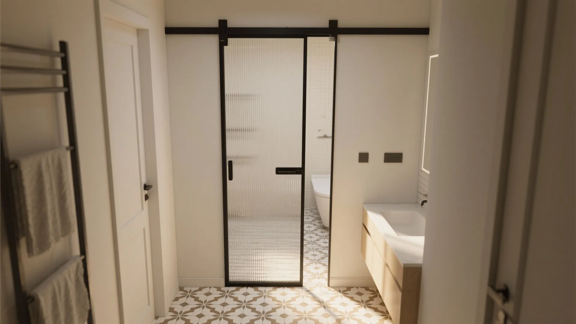 Minimal pocket sliding door for bathroom over patterned tiles