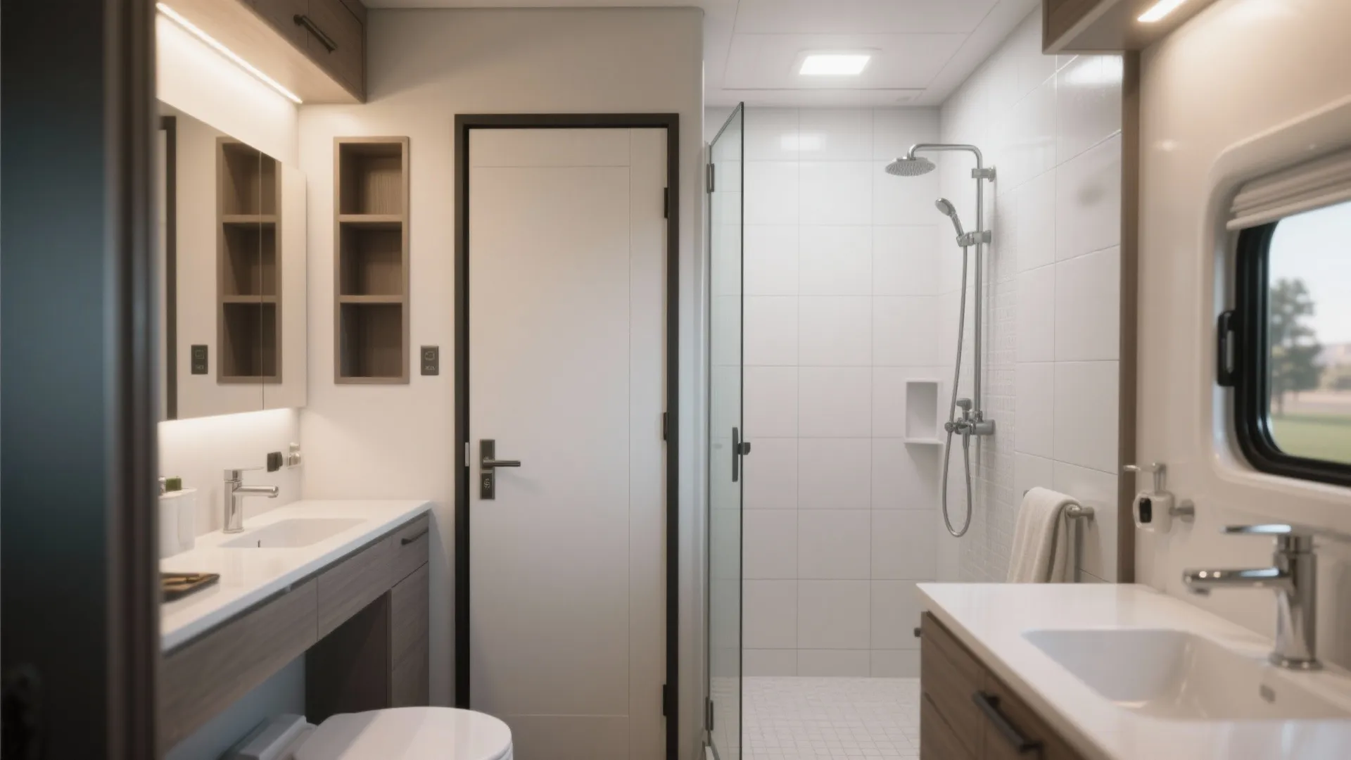 Modern white bathroom with double sinks glass shower door wooden cabinets and bright ceiling light fixtures