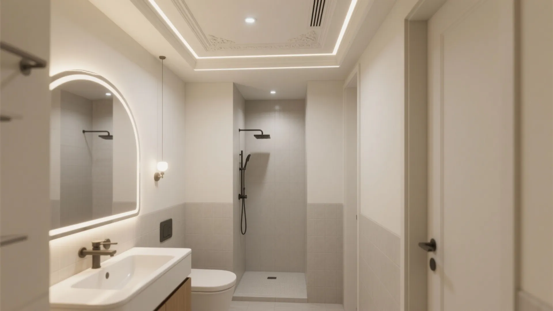 Modern bathroom interior design with white sink and shower and mirror and warm ceiling light