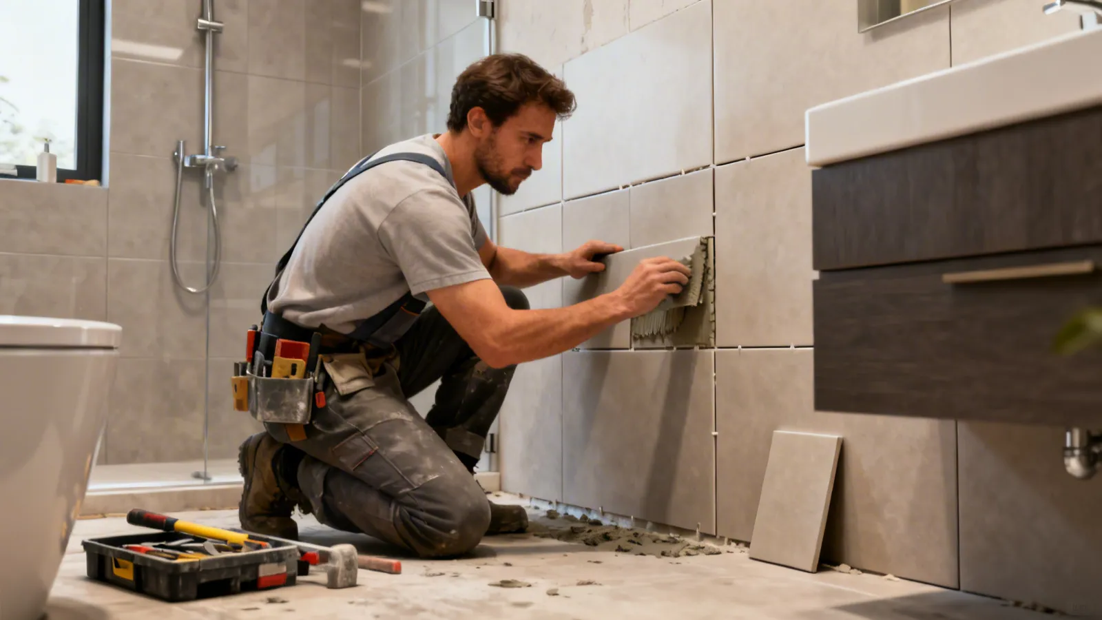 Tile installer working on bathroom shower wall during renovation