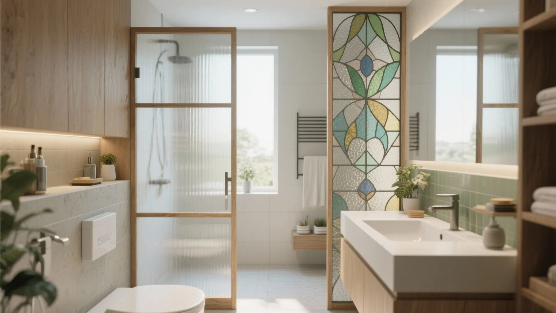 Modern bathroom with white sink wooden cabinet glass shower door stained glass panel and natural light