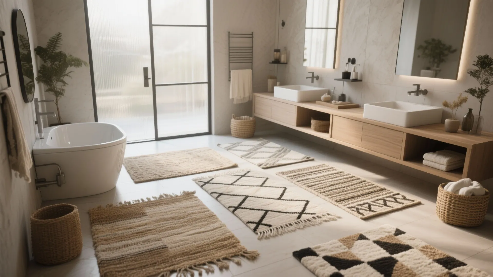 Modern bathroom showing white bathtub and wooden cabinet with various neutral rugs on the floor