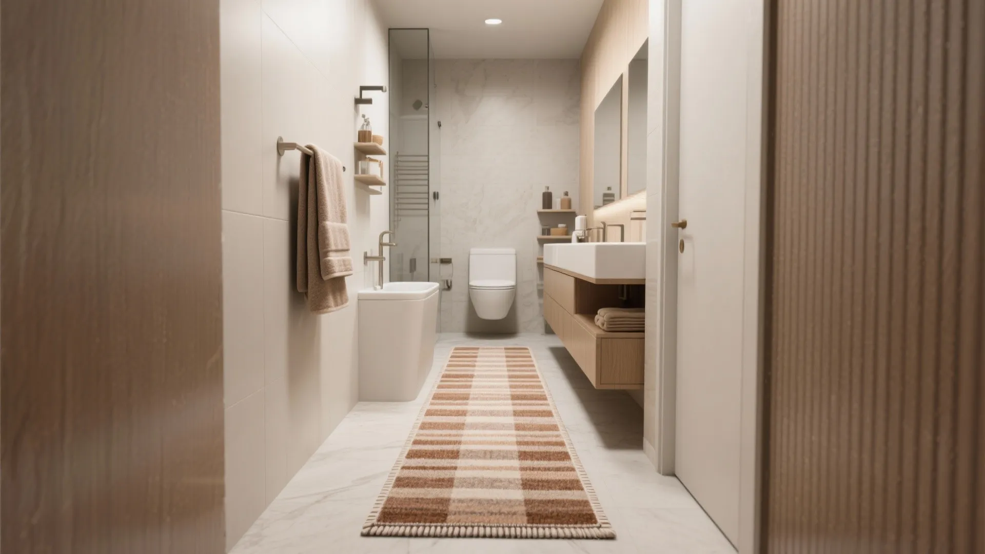 Minimalist narrow bathroom with wooden cabinet brown towel long checkered floor rug and toilet seat