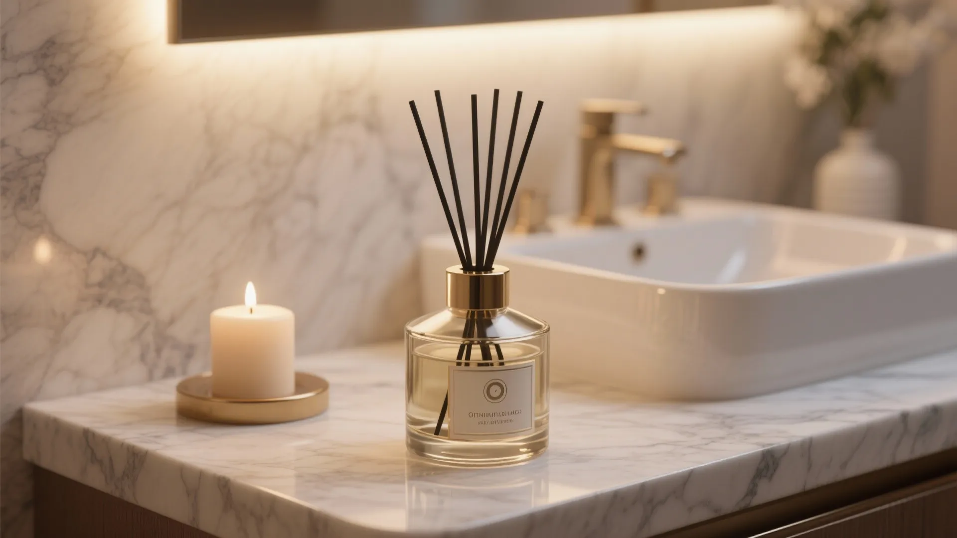 Fragrance reed diffuser and white candle on marble bathroom counter beside a white ceramic sink