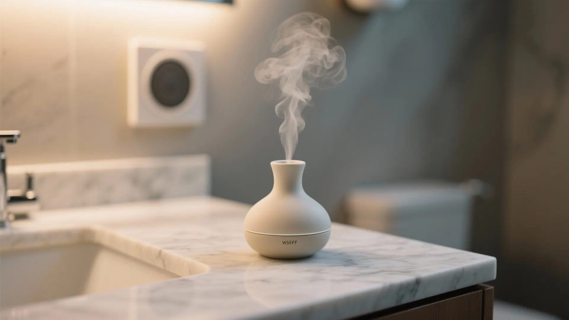 White electronic scent diffuser releasing steam on marble bathroom counter near a sink and wall