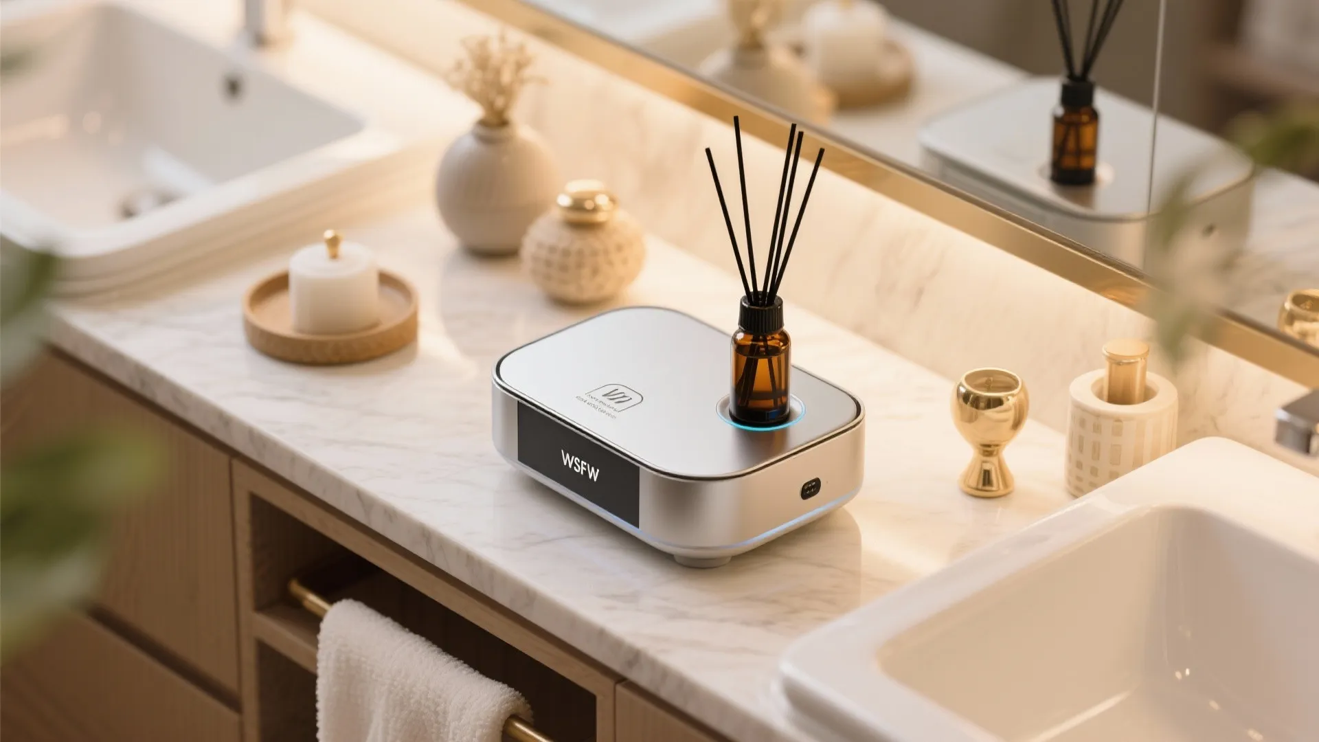 Sleek scent diffuser with essential oils for commercial bathroom