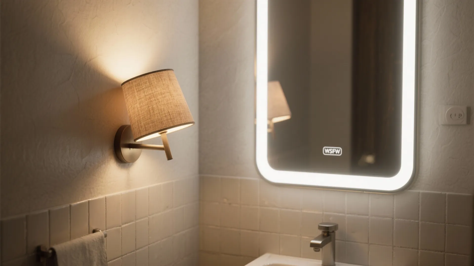 Compact powder room with an offset angled fabric sconce beside a backlit mirror providing warm, flattering task light.