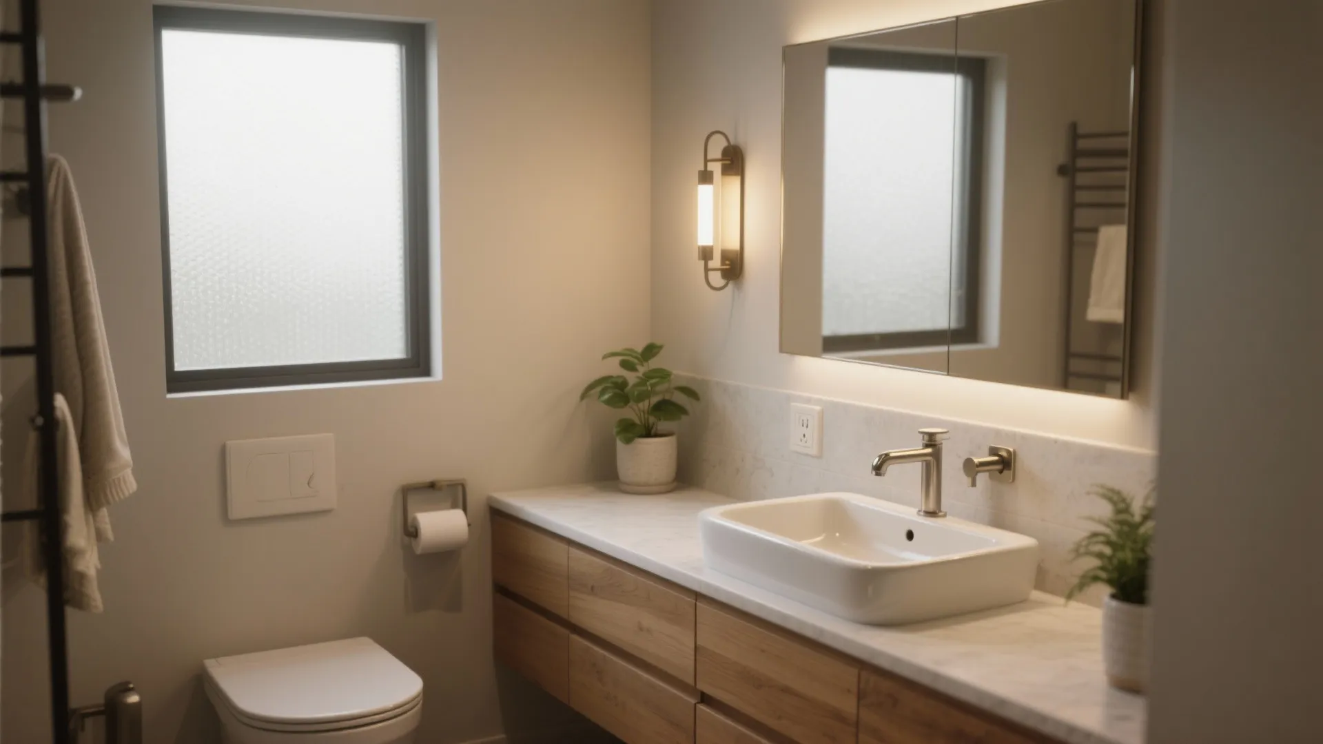 Modern bathroom with white sink wooden cabinet wall light mirror and small green potted plants