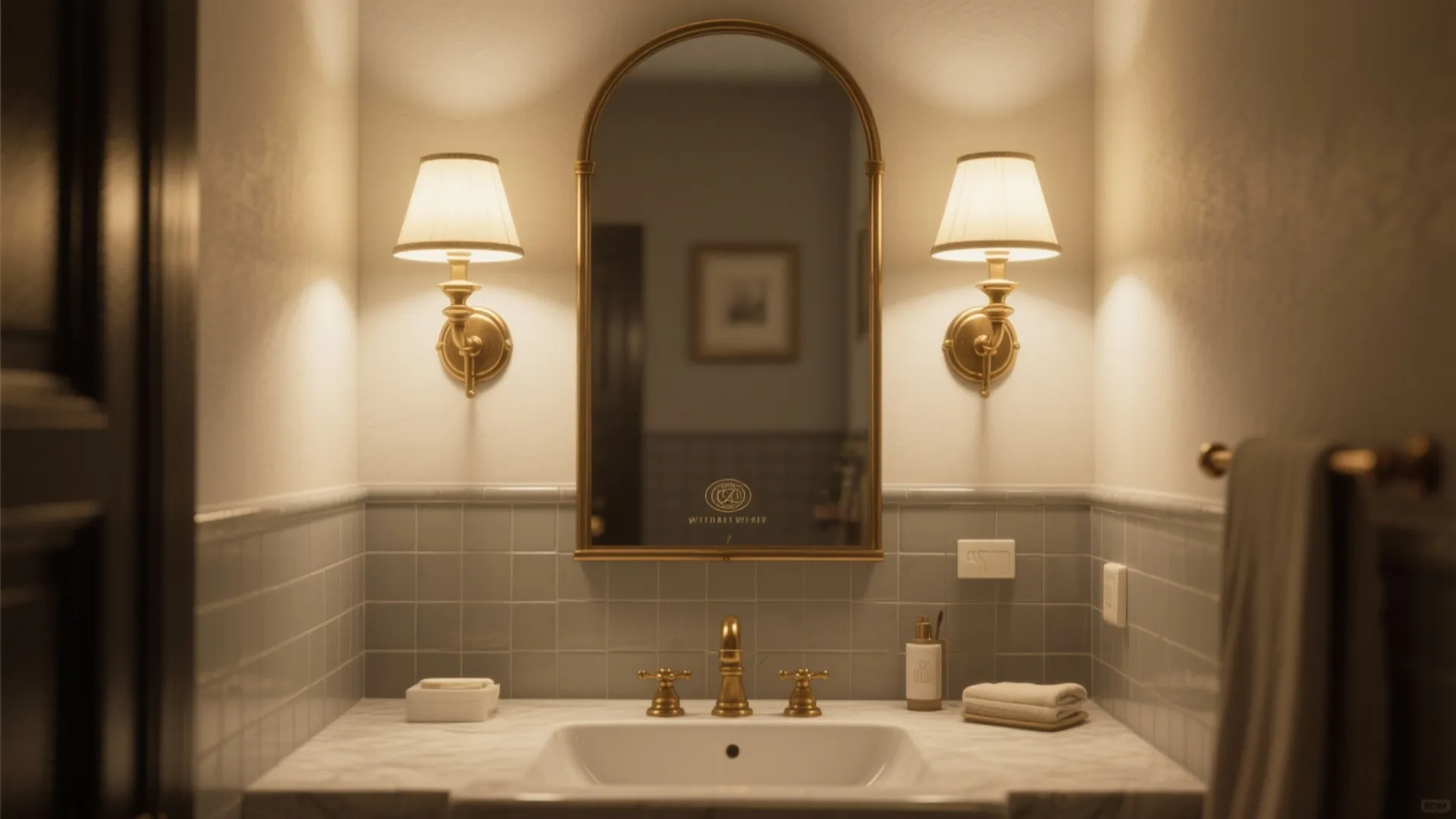 Small bathroom vanity with a mirror flanked by matching antique brass sconces with shades.