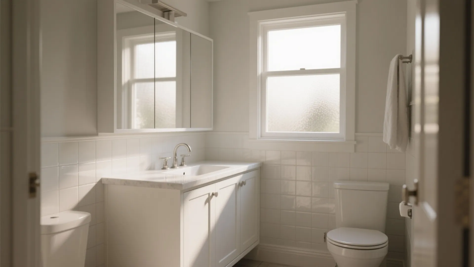 White bathroom with mirror cabinet sink toilet window and towel hanging on the wall tiles