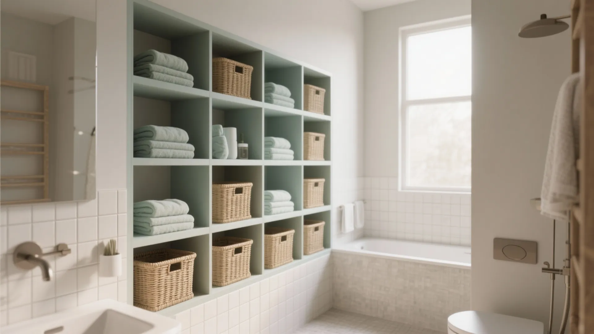 Modern bathroom with green wall shelf unit holding neatly folded towels and several brown baskets