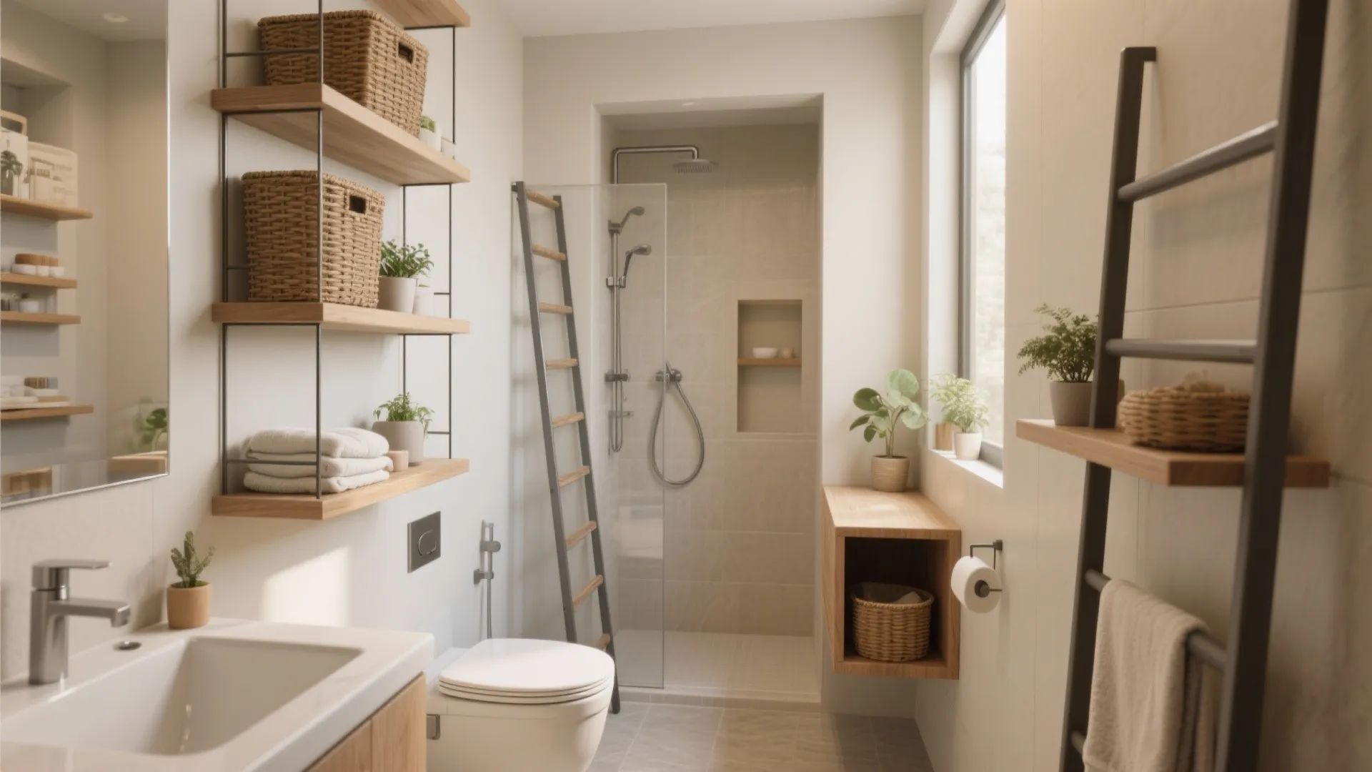 Modern bathroom with wooden wall shelves featuring woven baskets white towels and a glass shower
