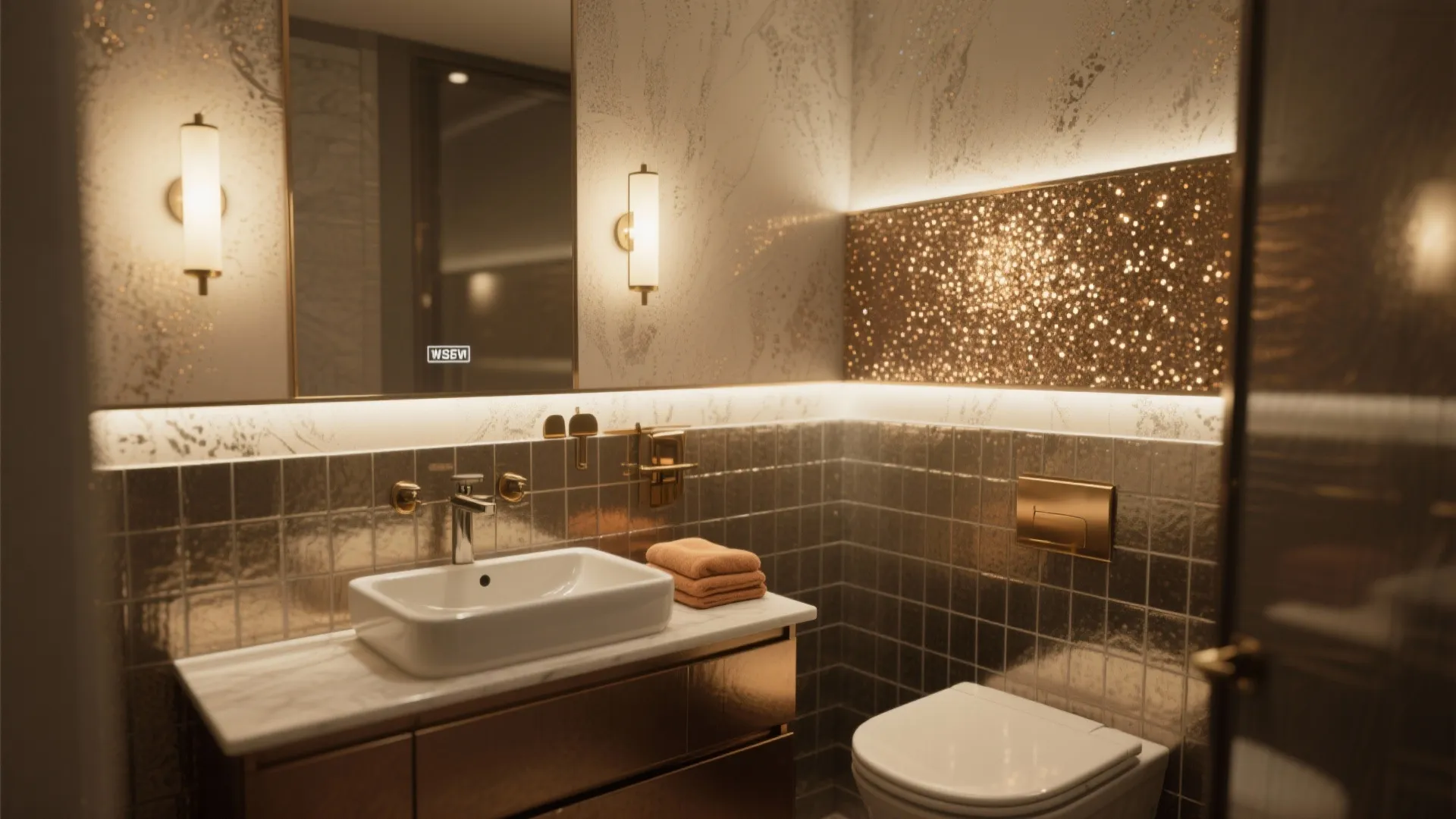 Luxury bathroom with gold tiles and white sink and wall light and mirror and toilet