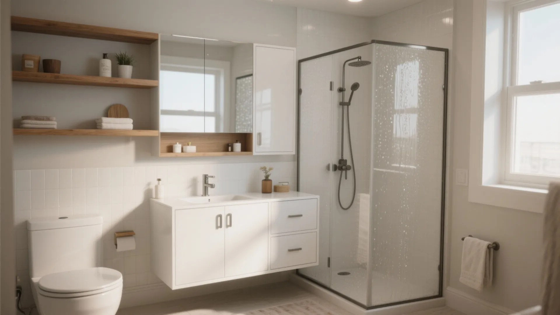 Modern bathroom interior featuring white vanity, glass shower, toilet, wooden wall shelves, and natural light