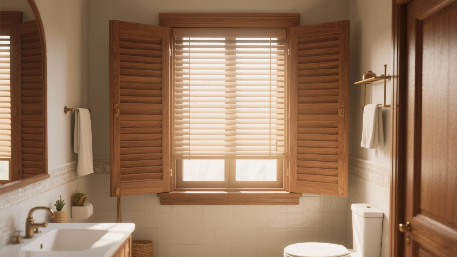 Bright bathroom with wooden window shutters white toilet sink mirror and warm natural sunlight through windows