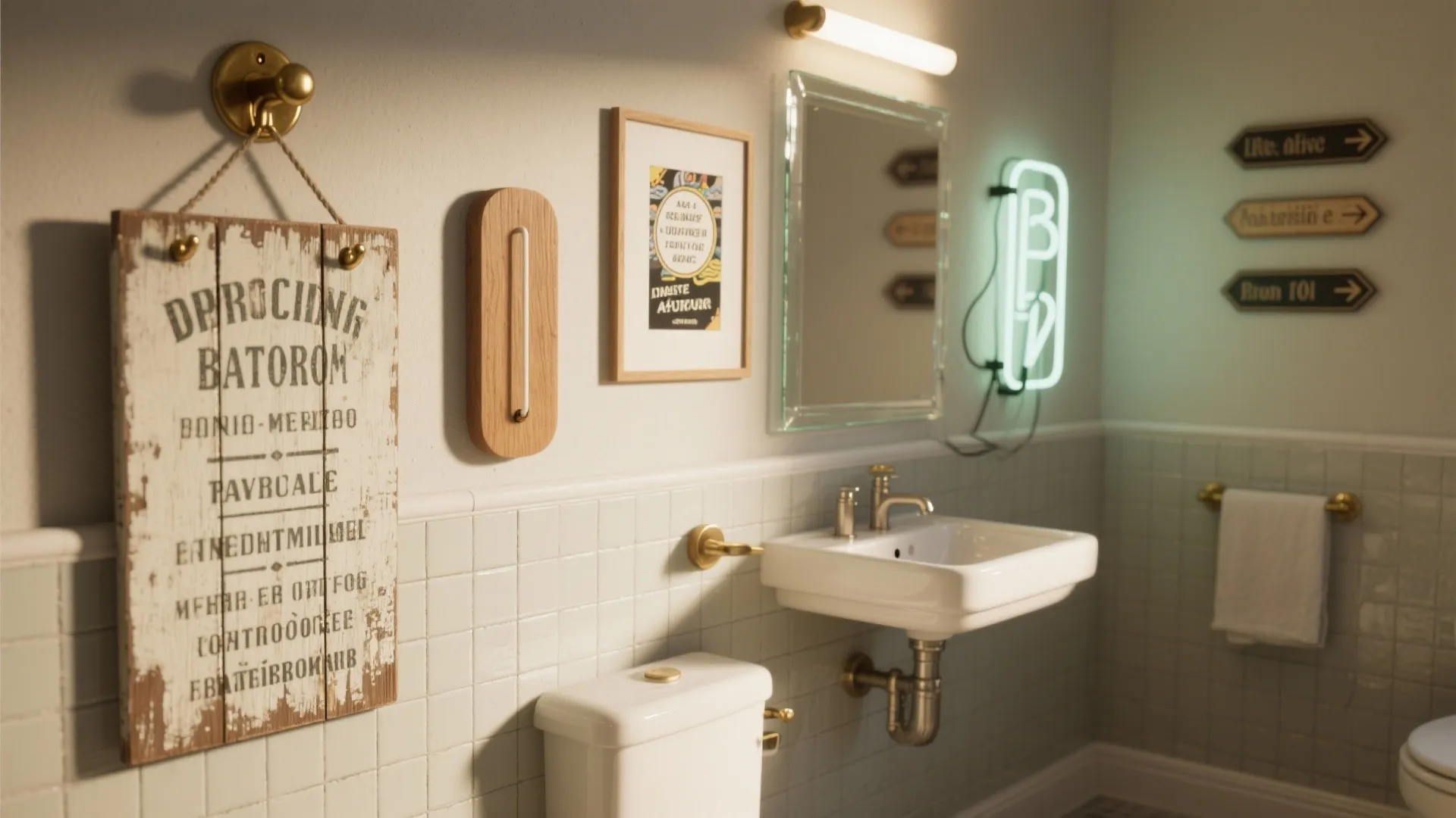 Modern bathroom with white sink toilet mirror and decorative wall signs with warm light fixture