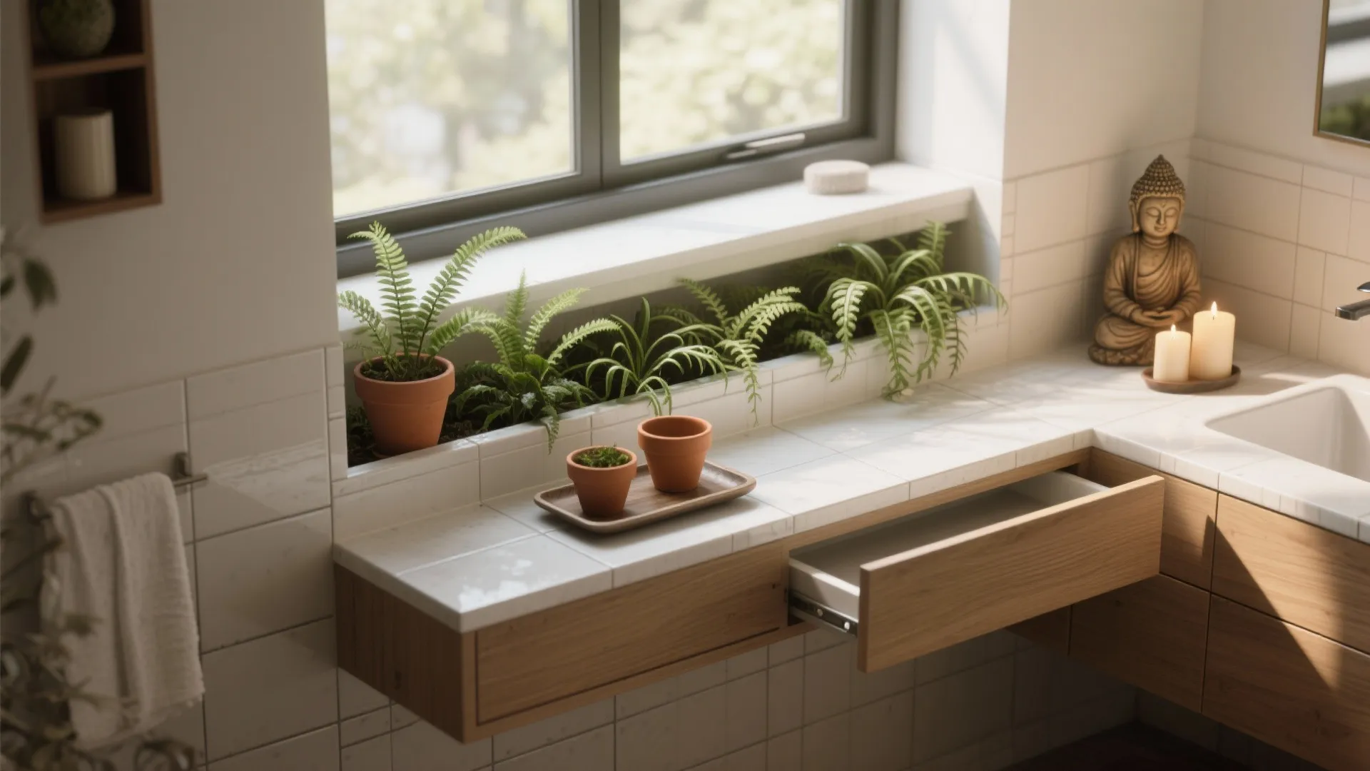 Bathroom vanity with window plants open wooden drawer Buddha statue candles and white wall tiles