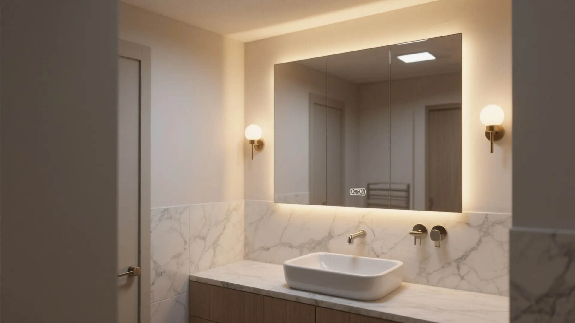 Modern bathroom with marble wall white sink large mirror and two round gold wall lights beside