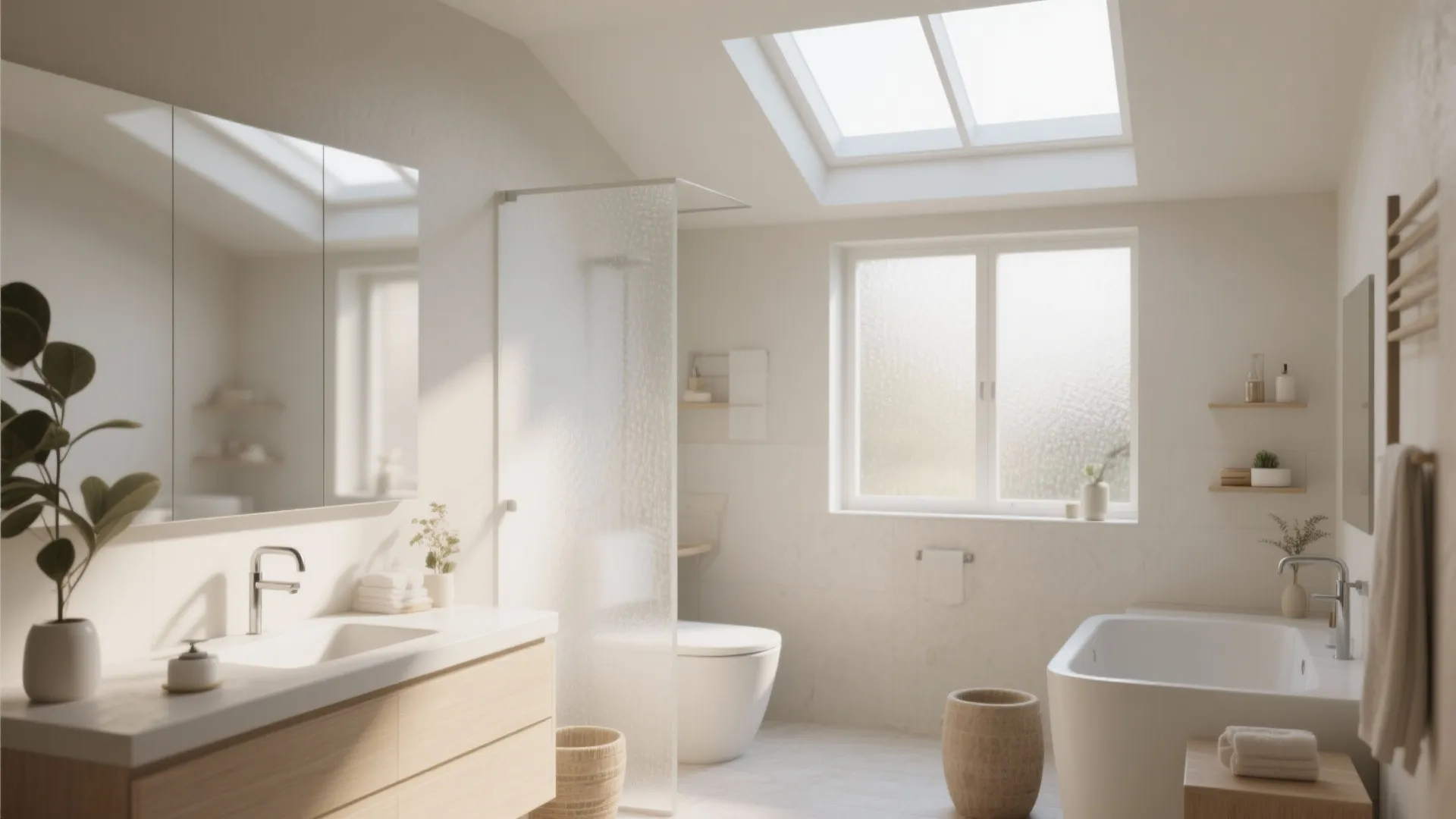 Bright modern bathroom with wooden cabinet white bathtub glass shower wall toilet plus roof window