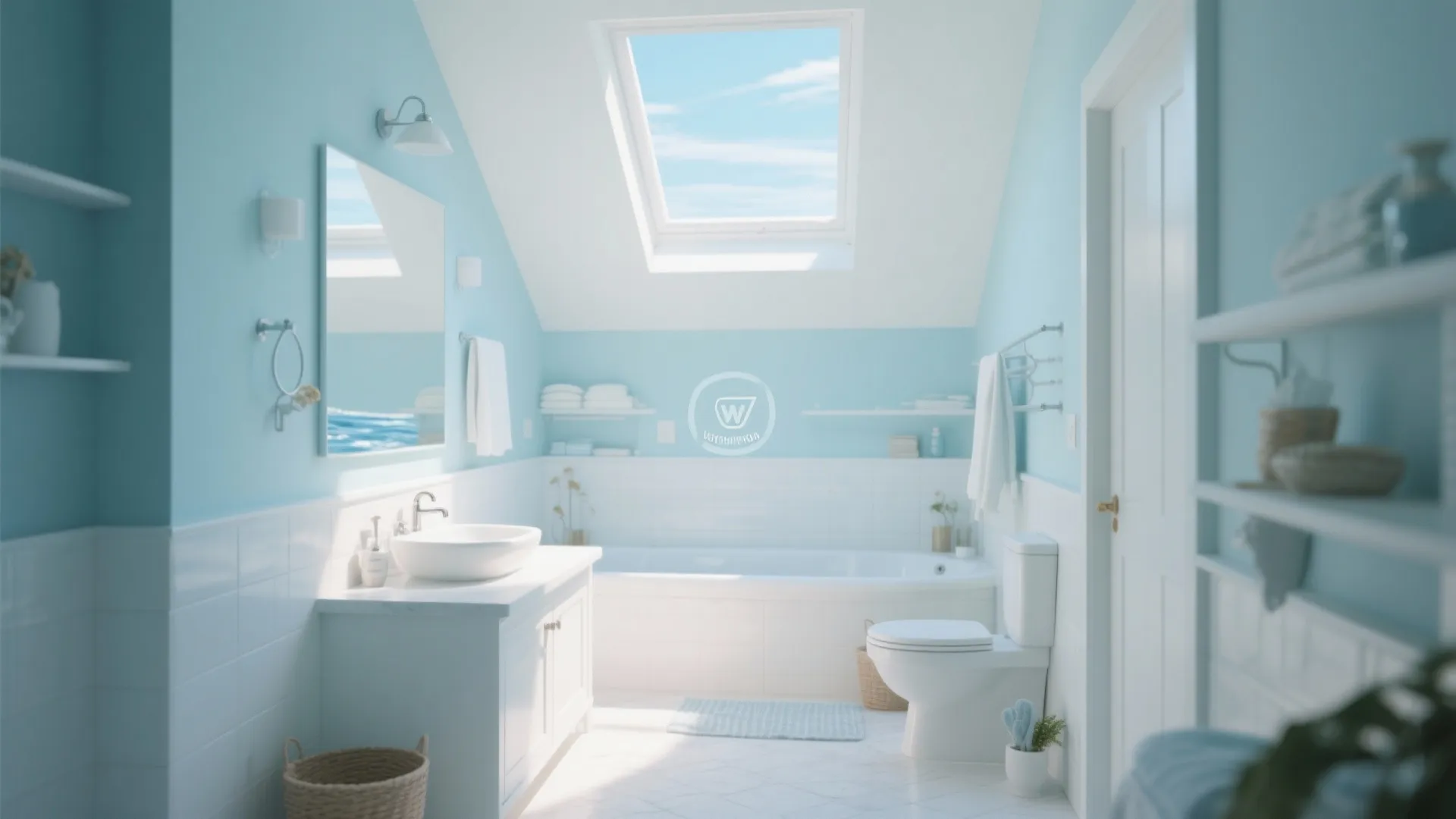 Bright blue bathroom interior design drawing with a roof window white bathtub and sink cabinet