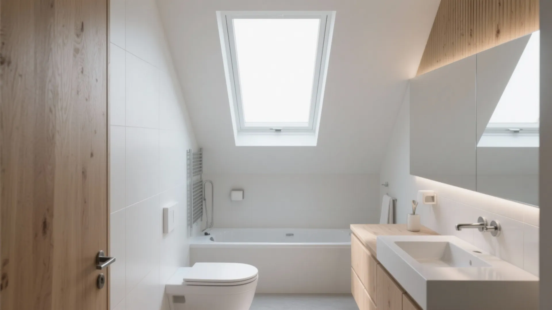 Minimalist attic bathroom with white bathtub wooden cabinet white toilet mirror and a large roof window