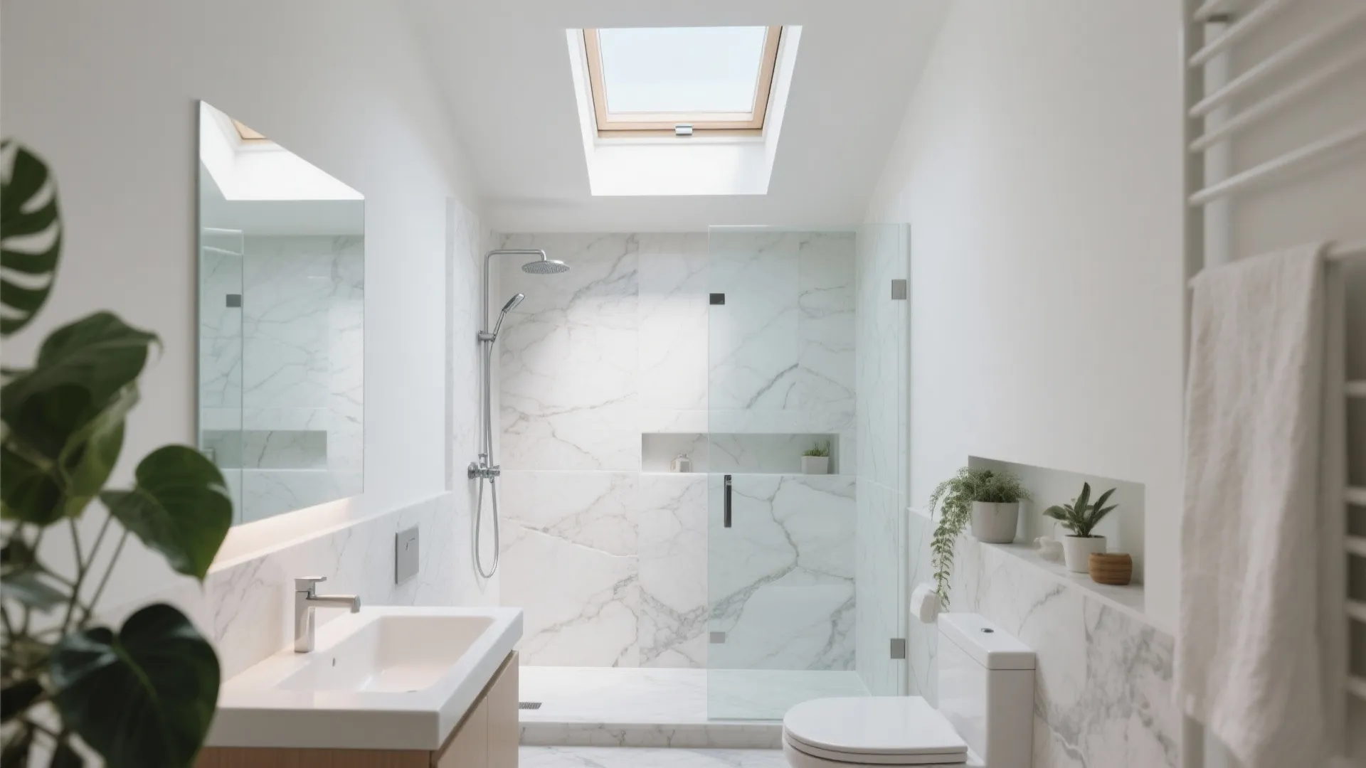 Modern bathroom with white marble walls, a roof window, glass shower door, sink, and toilet